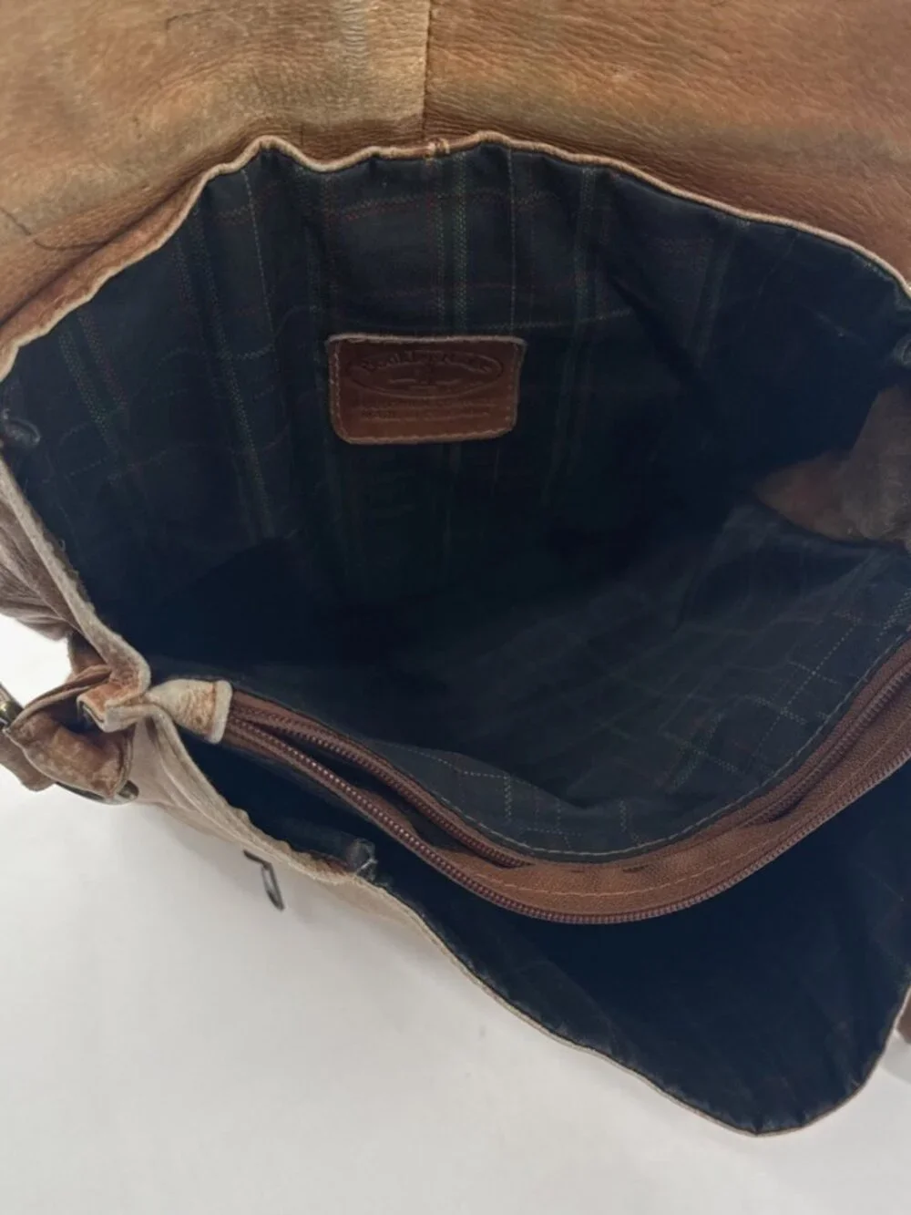 Boulder Ridge Messenger Bag Tan Cowhide Leather Plaid Lined Pockets Distressed